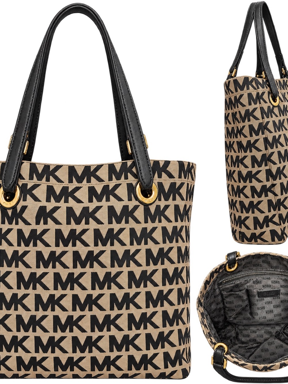 Michael Kors Signature MK Monogram Jacquard Large Tote Bag Tan Black